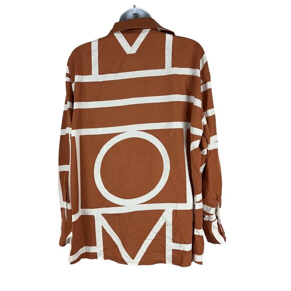 Geometric Pattern Brown & White Womens Button-Up Shirt Size Medium - Picture 2 of 5